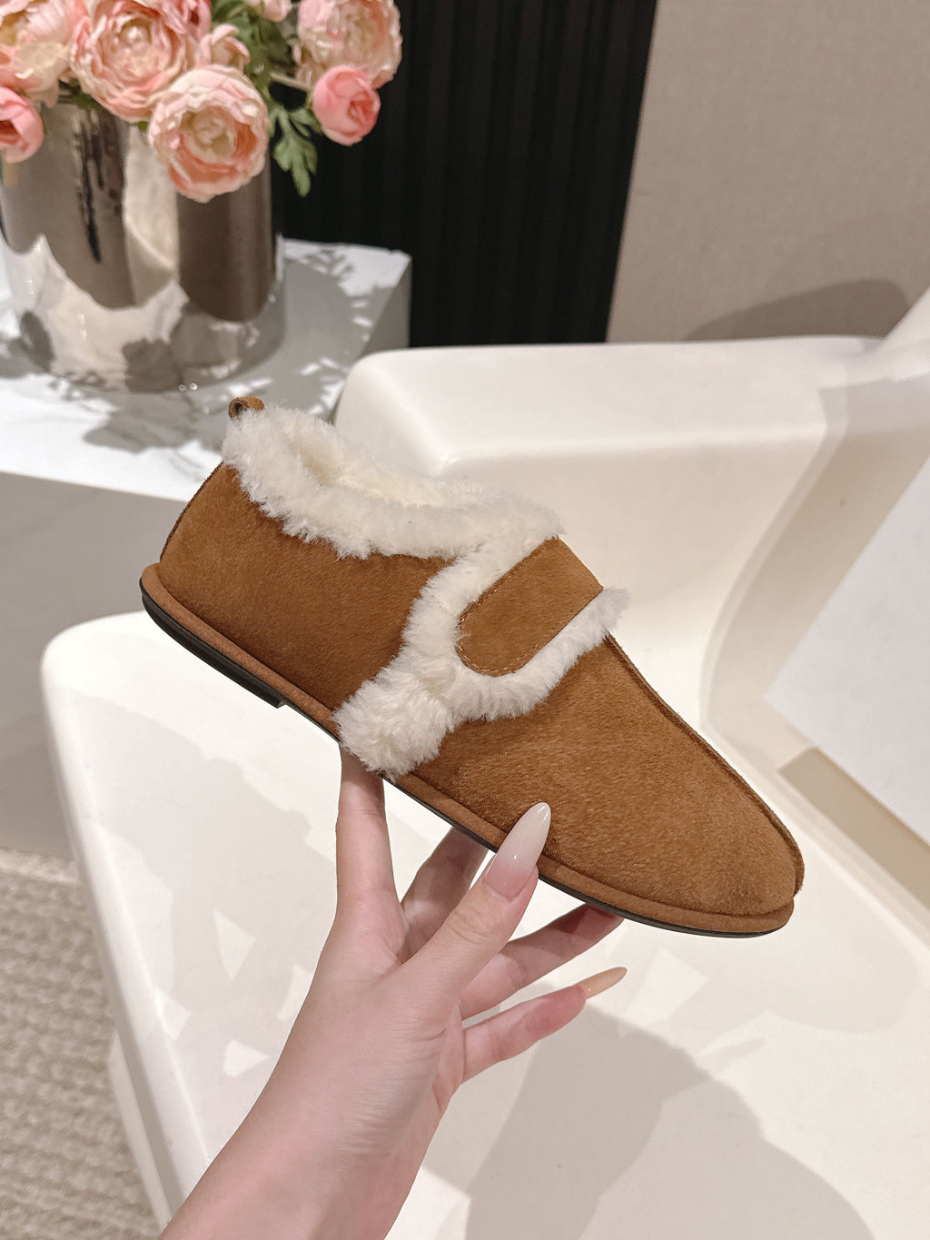 The Row 2025 Furry Footwear Light Brown White Suede Wool 560590 - product image from the listing.