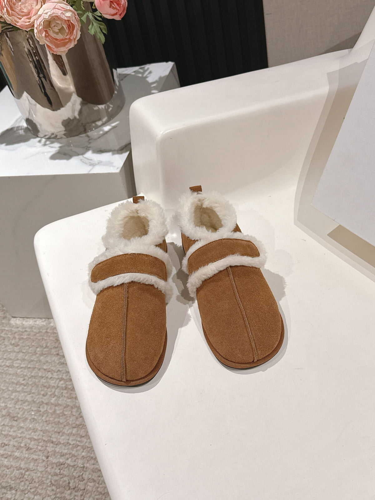 The Row 2025 Furry Footwear Light Brown White Suede Wool 560590 - product image from the listing.