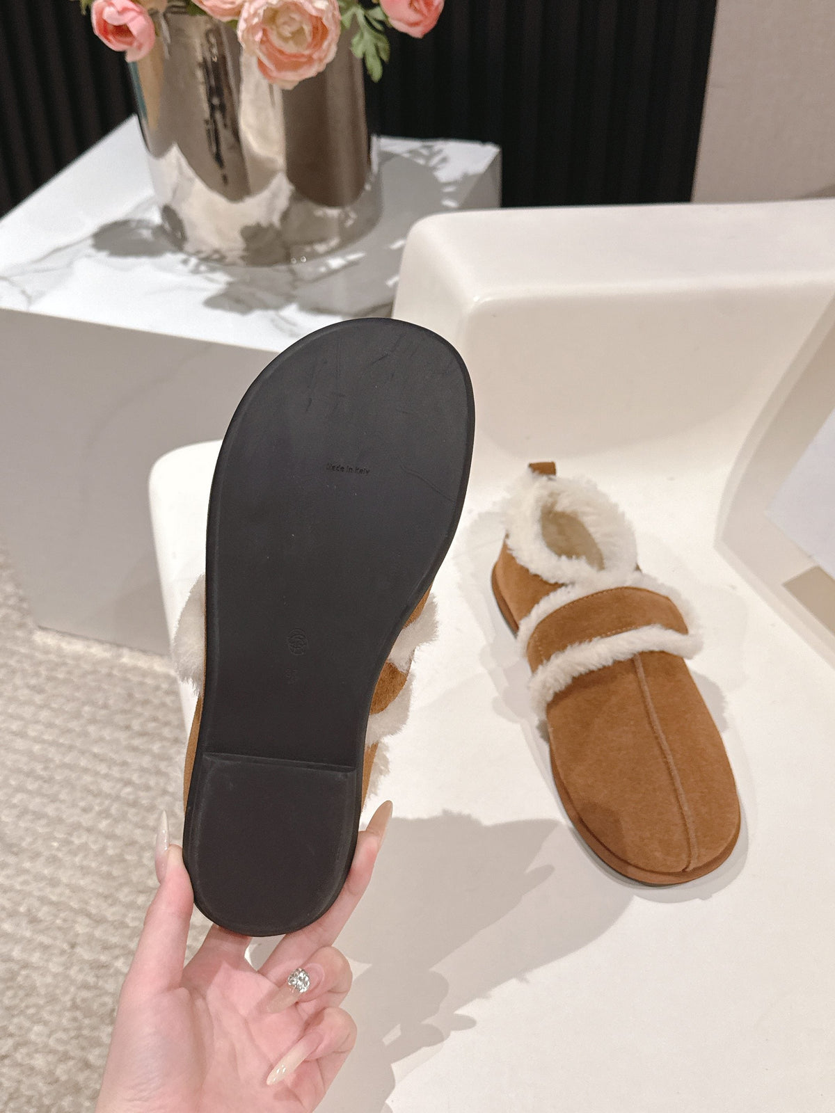 The Row 2025 Furry Footwear Light Brown White Suede Wool 560590 - product image from the listing.