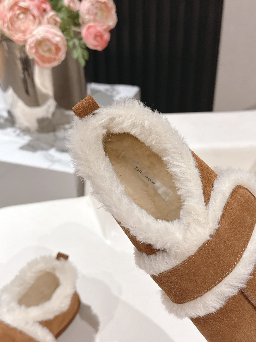 The Row 2025 Furry Footwear Light Brown White Suede Wool 560590 - product image from the listing.