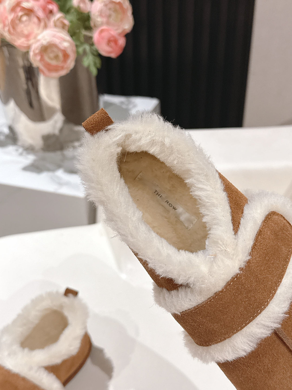 The Row 2025 Furry Footwear Light Brown White Suede Wool 560590 - product image from the listing.