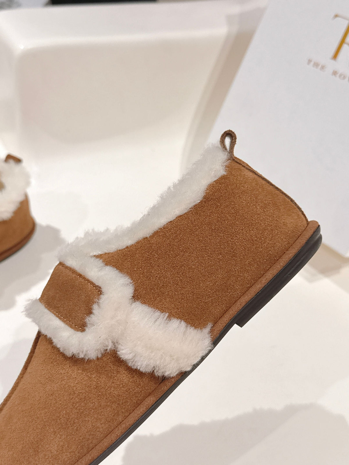 The Row 2025 Furry Footwear Light Brown White Suede Wool 560590 - product image from the listing.