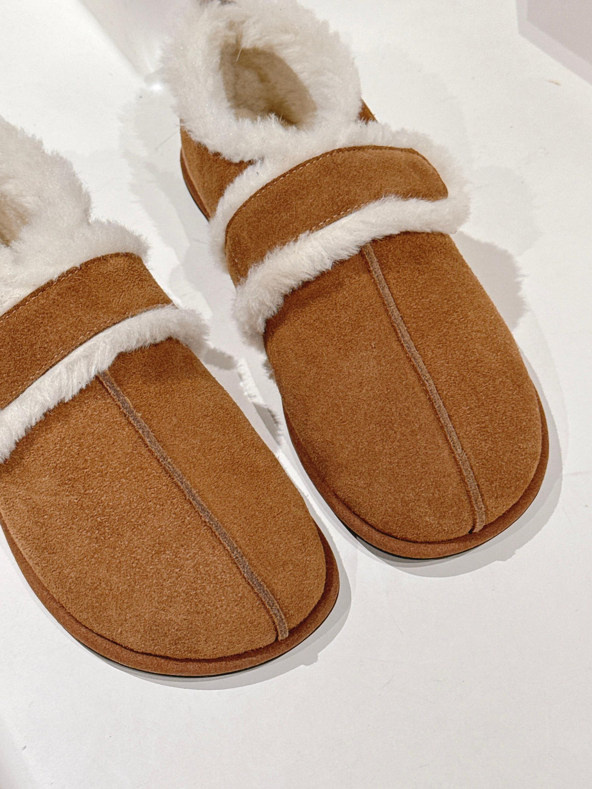 The Row 2025 Furry Footwear Light Brown White Suede Wool 560590 - product image from the listing.