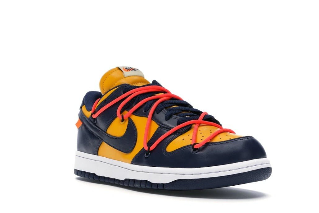 Nike Dunk Low Off-White in University Gold Midnight Navy - product image from the listing.
