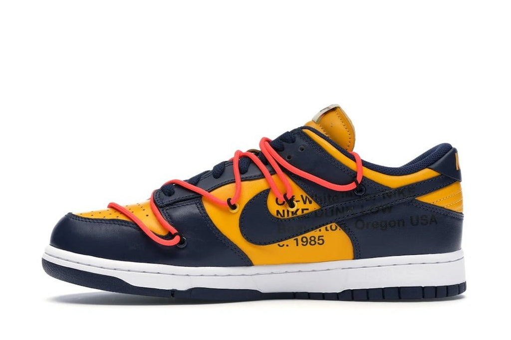 Nike Dunk Low Off-White in University Gold Midnight Navy - product image from the listing.