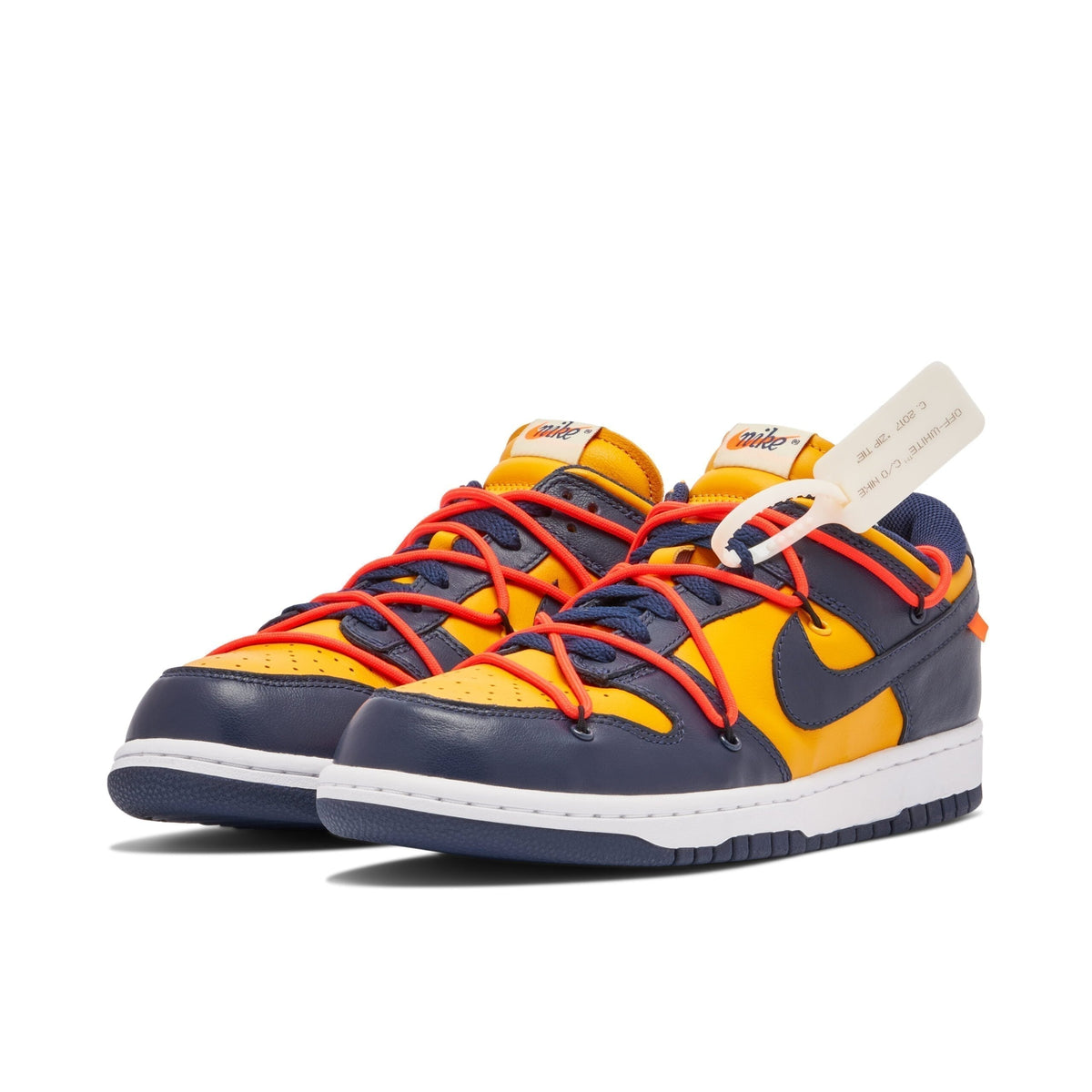 Off-White x Nike SB Dunk Low in University Gold - product image from the listing.