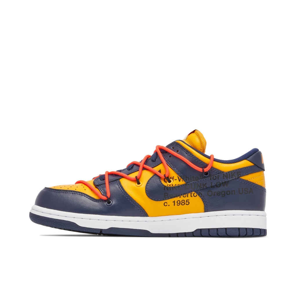 Off-White x Nike SB Dunk Low in University Gold - product image from the listing.