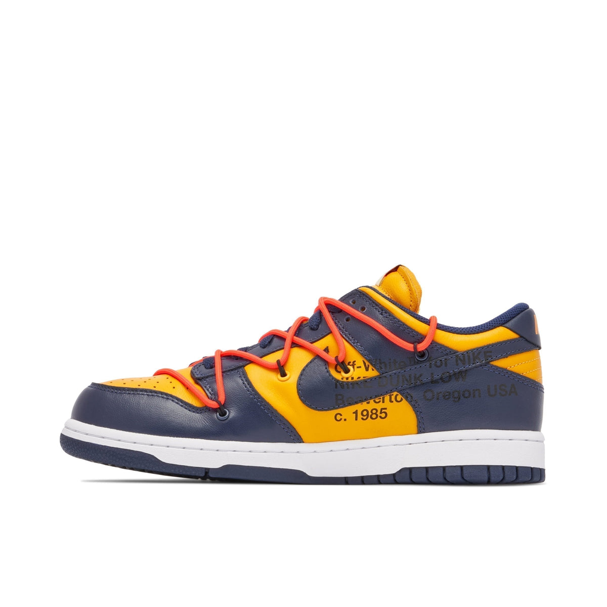 Off-White x Nike SB Dunk Low in University Gold - product image from the listing.